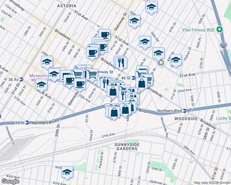 map of restaurants, bars, coffee shops, grocery stores, and more near 32-86 45th Street in Queens