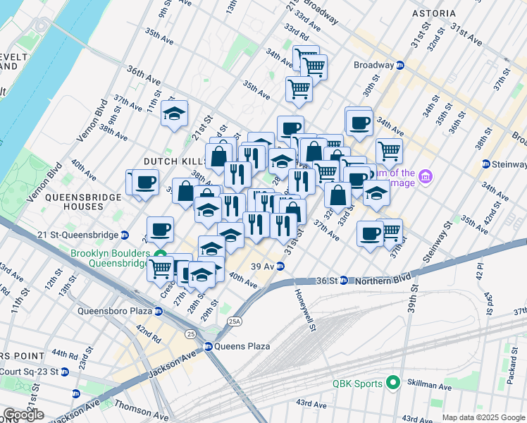 map of restaurants, bars, coffee shops, grocery stores, and more near 3734 29th Street in Queens