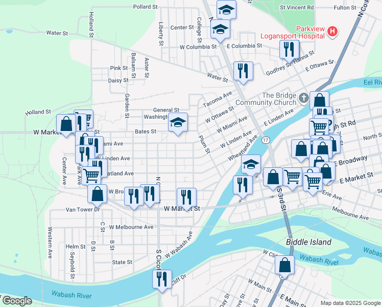 map of restaurants, bars, coffee shops, grocery stores, and more near 400 West Linden Avenue in Logansport