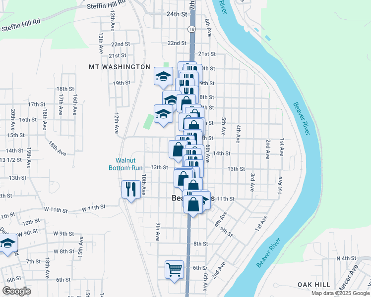 map of restaurants, bars, coffee shops, grocery stores, and more near 716 14th Street in Beaver Falls