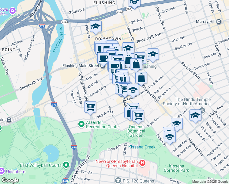 map of restaurants, bars, coffee shops, grocery stores, and more near 42-8 Main Street in Queens