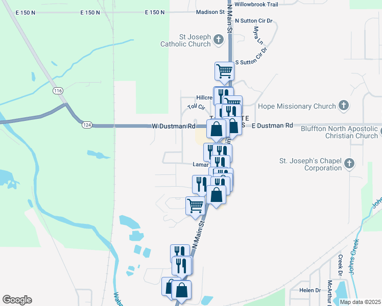 map of restaurants, bars, coffee shops, grocery stores, and more near 301 Lamar Street in Bluffton