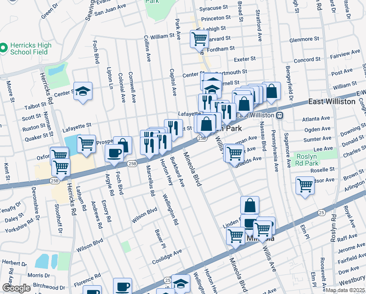 map of restaurants, bars, coffee shops, grocery stores, and more near Hillside Ave & Mineola Blvd in Williston Park