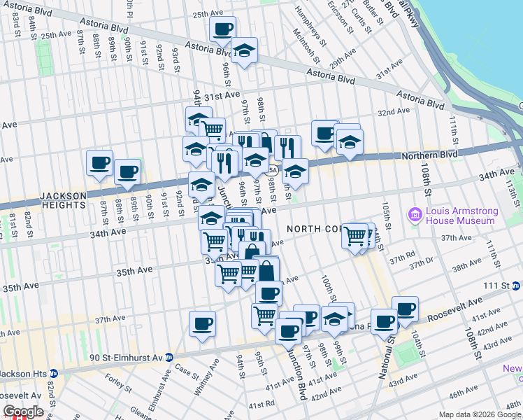 map of restaurants, bars, coffee shops, grocery stores, and more near 97-10 34th Avenue in Queens
