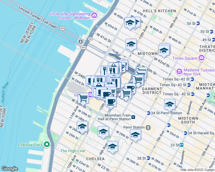 map of restaurants, bars, coffee shops, grocery stores, and more near 535 West 34th Street in New York