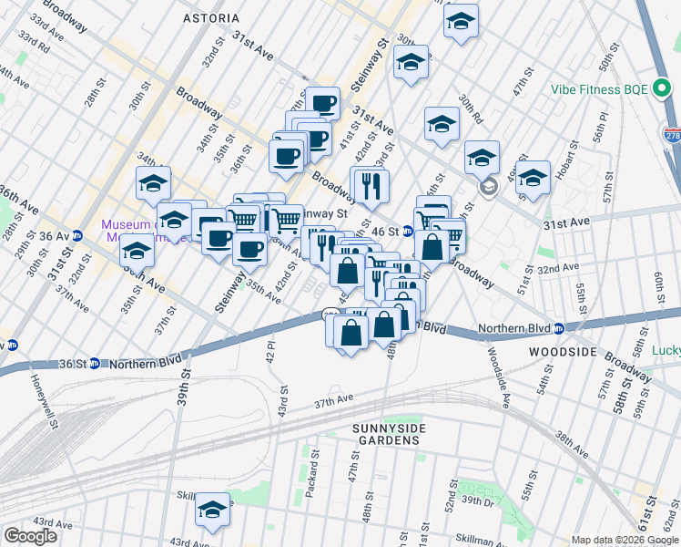 map of restaurants, bars, coffee shops, grocery stores, and more near 32-86 45th Street in Queens