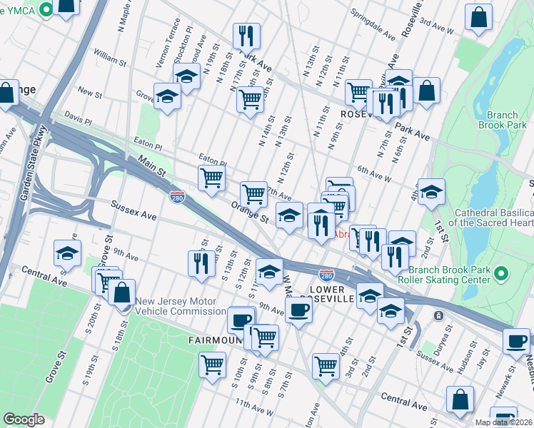 map of restaurants, bars, coffee shops, grocery stores, and more near 594 Orange Street in Newark