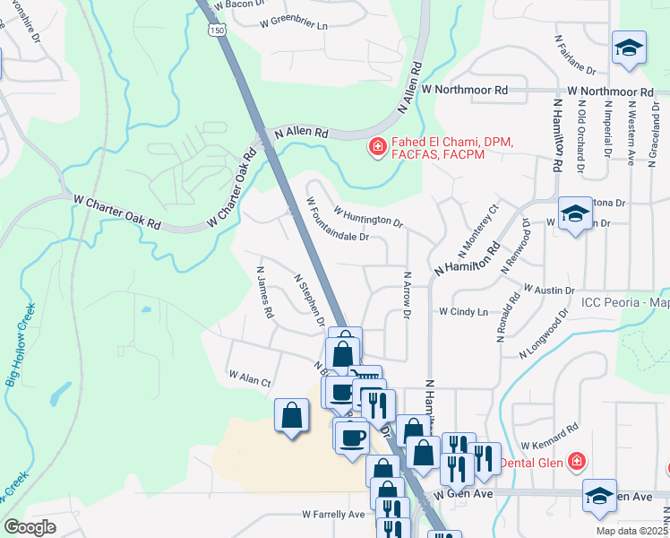 map of restaurants, bars, coffee shops, grocery stores, and more near 2724 West Castle Court in Peoria