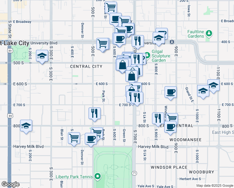 map of restaurants, bars, coffee shops, grocery stores, and more near 637 South 600 East in Salt Lake City