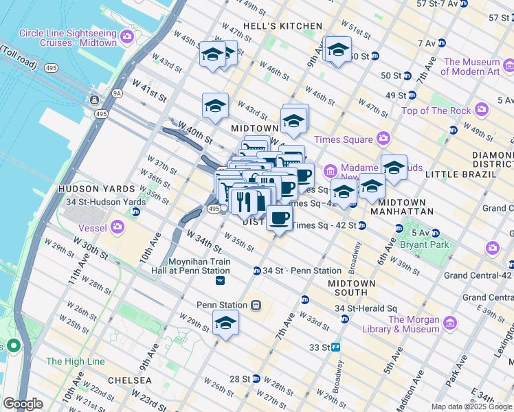 map of restaurants, bars, coffee shops, grocery stores, and more near in New York