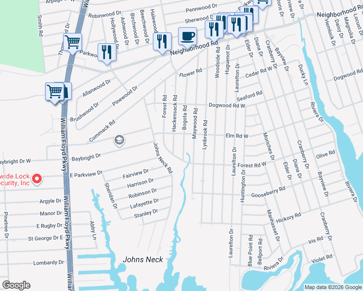 map of restaurants, bars, coffee shops, grocery stores, and more near 120 Maywood Road in Mastic Beach