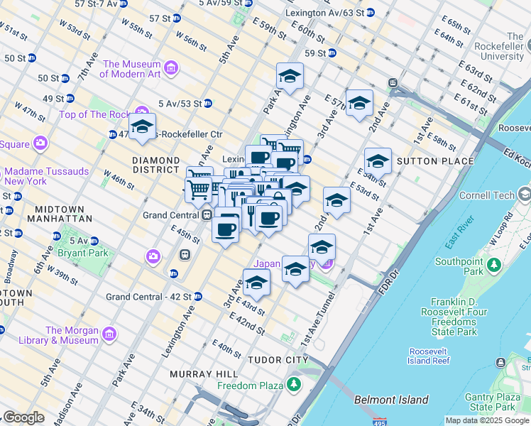 map of restaurants, bars, coffee shops, grocery stores, and more near 141 East 48th Street in New York