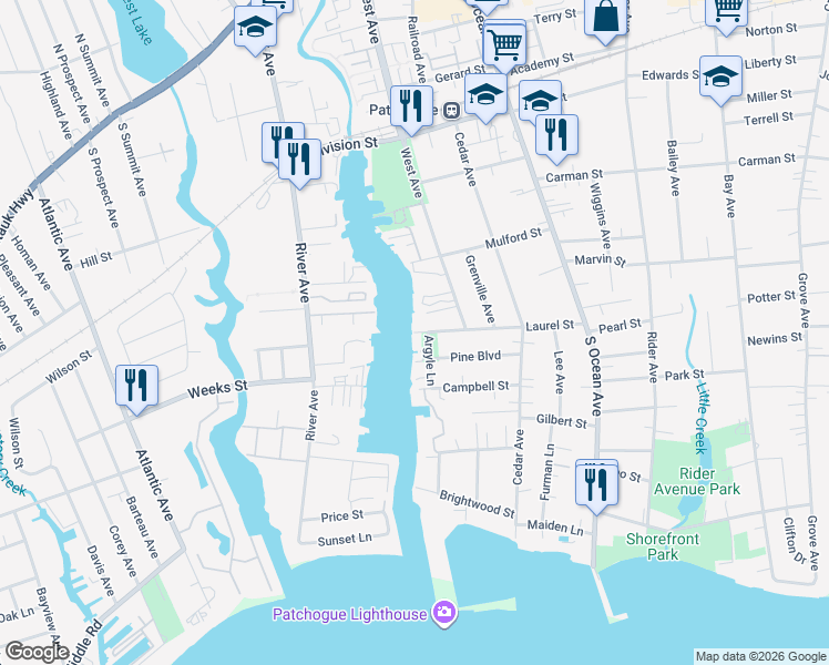 map of restaurants, bars, coffee shops, grocery stores, and more near 130 Laurel St in Patchogue