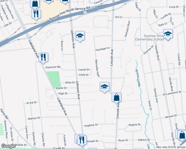 map of restaurants, bars, coffee shops, grocery stores, and more near 510 Marseille Path in Sayville