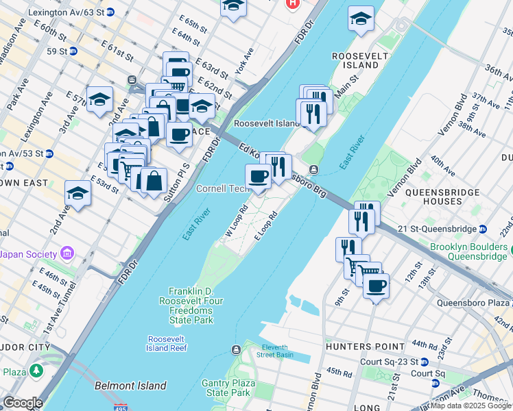 map of restaurants, bars, coffee shops, grocery stores, and more near 11 East Loop Road in New York