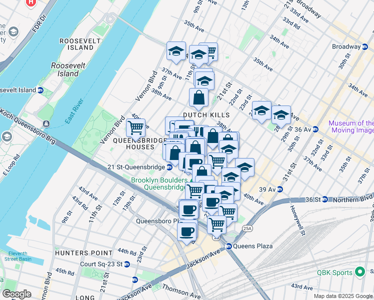 map of restaurants, bars, coffee shops, grocery stores, and more near 40-05 21st Street in Queens