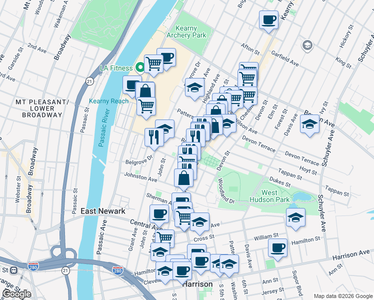 map of restaurants, bars, coffee shops, grocery stores, and more near 59 Maple Street in Kearny