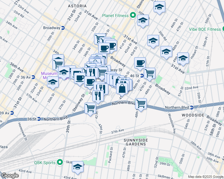 map of restaurants, bars, coffee shops, grocery stores, and more near 34-15 43rd Street in Queens