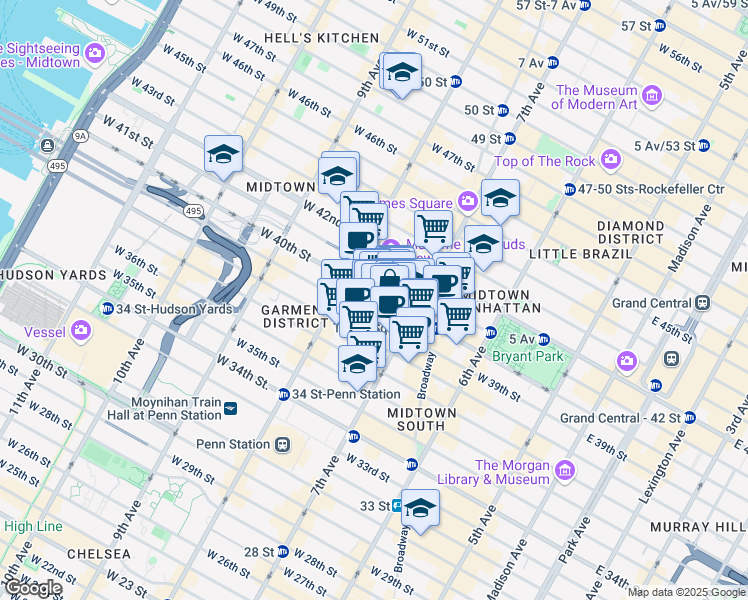 map of restaurants, bars, coffee shops, grocery stores, and more near 214 West 39th Street in New York