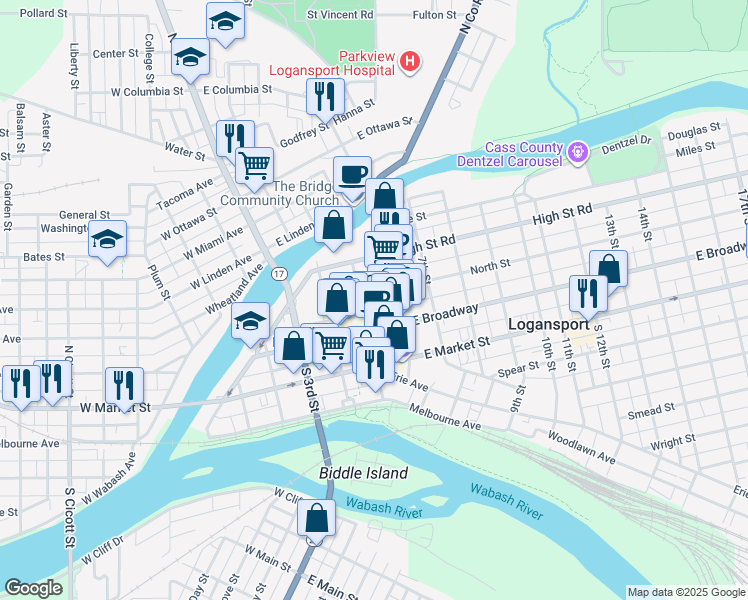 map of restaurants, bars, coffee shops, grocery stores, and more near 525 North Street in Logansport