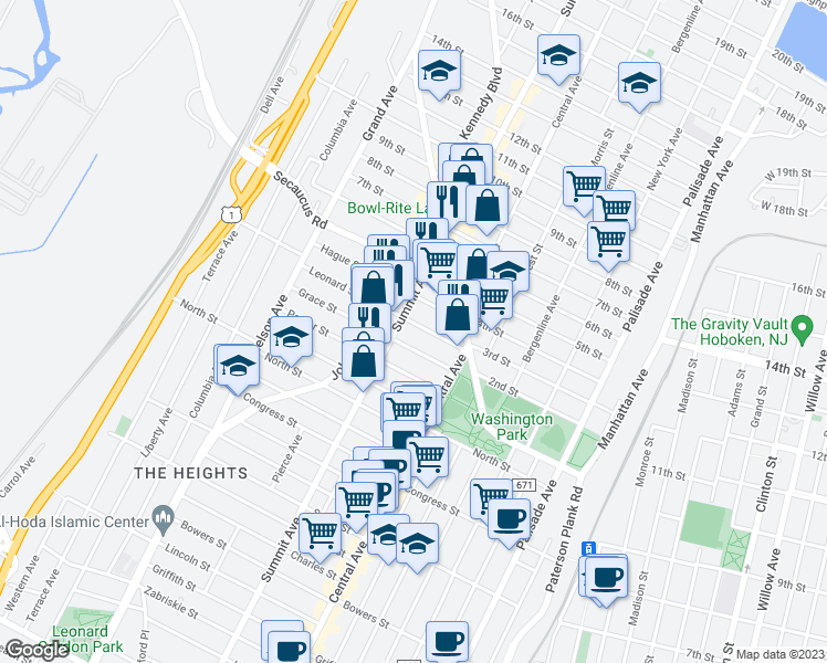map of restaurants, bars, coffee shops, grocery stores, and more near 1170 Summit Avenue in Jersey City