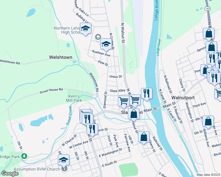 map of restaurants, bars, coffee shops, grocery stores, and more near 320 Williams Street in Slatington