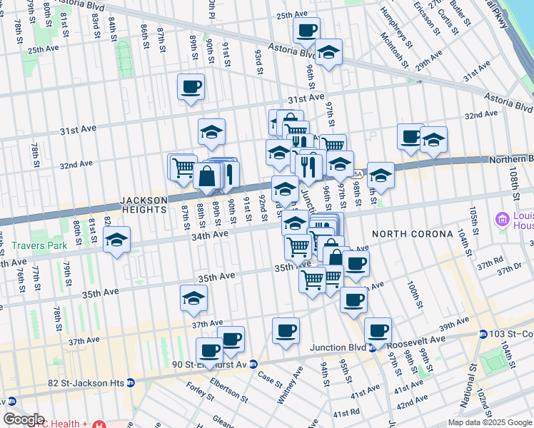 map of restaurants, bars, coffee shops, grocery stores, and more near 33-44 93rd Street in Queens