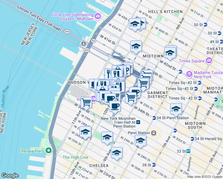 map of restaurants, bars, coffee shops, grocery stores, and more near 66 Hudson Boulevard East in New York