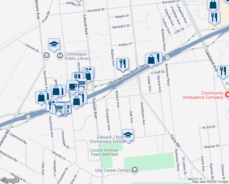 map of restaurants, bars, coffee shops, grocery stores, and more near 610 Walnut Avenue in Bohemia