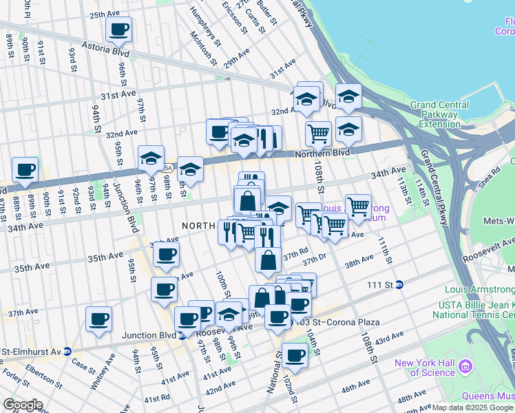 map of restaurants, bars, coffee shops, grocery stores, and more near 103-17 35th Avenue in Queens