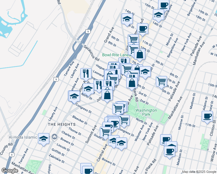 map of restaurants, bars, coffee shops, grocery stores, and more near 3656 John F. Kennedy Boulevard in Jersey City