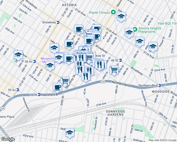 map of restaurants, bars, coffee shops, grocery stores, and more near 34-34 42nd Street in Queens