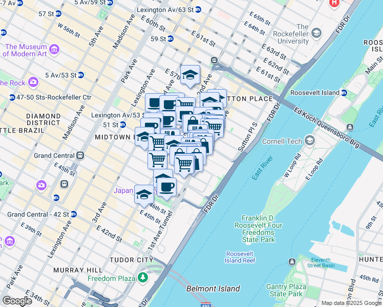 map of restaurants, bars, coffee shops, grocery stores, and more near 335 East 51st Street in New York