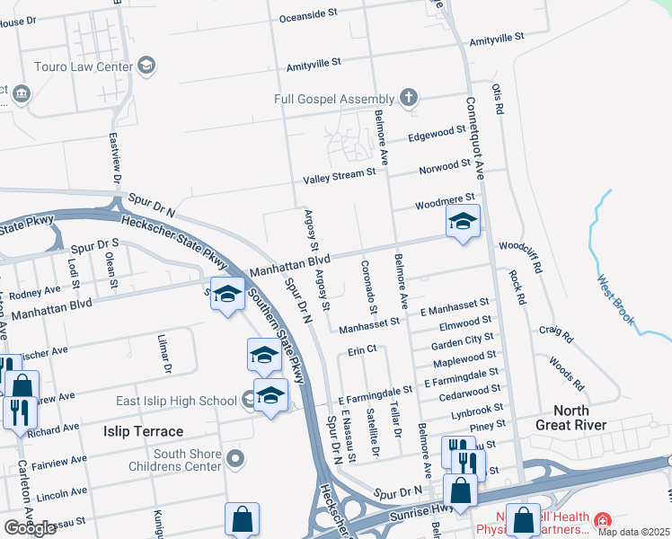 map of restaurants, bars, coffee shops, grocery stores, and more near 15 Rolan Court in Islip Terrace