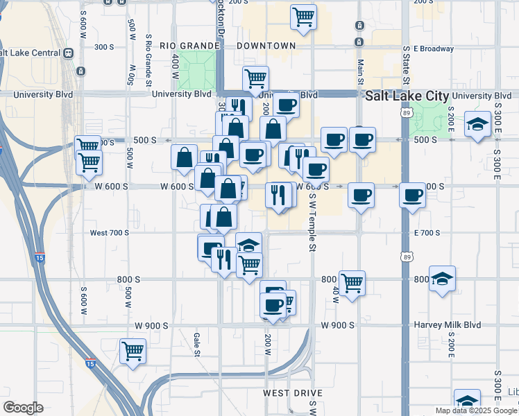 map of restaurants, bars, coffee shops, grocery stores, and more near 648 200 West in Salt Lake City