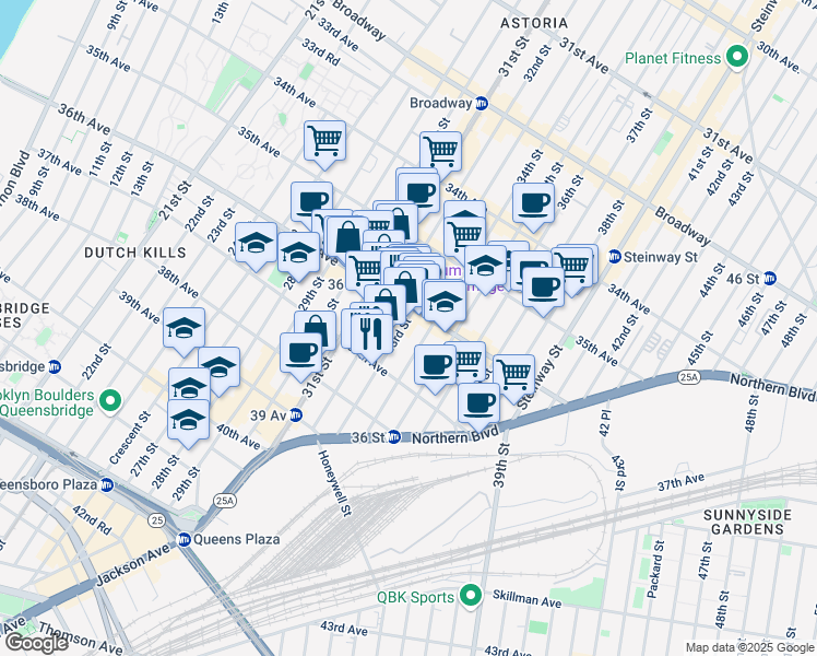 map of restaurants, bars, coffee shops, grocery stores, and more near 36 33rd Street in Queens
