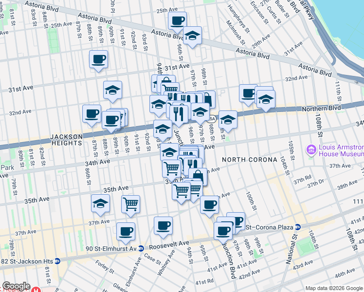 map of restaurants, bars, coffee shops, grocery stores, and more near 33-44 Junction Boulevard in Queens