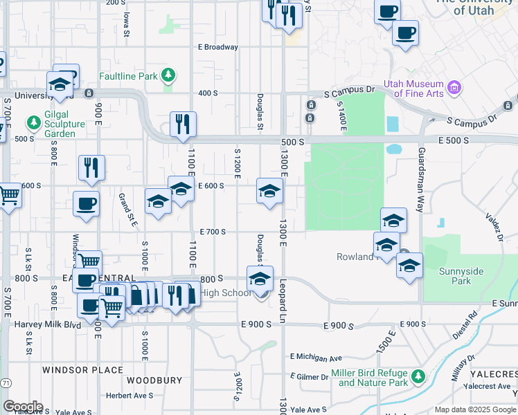 map of restaurants, bars, coffee shops, grocery stores, and more near 668 South 1300 East in Salt Lake City