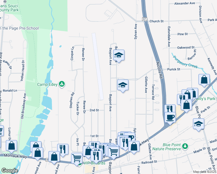 map of restaurants, bars, coffee shops, grocery stores, and more near 518 Bayport Avenue in Bayport