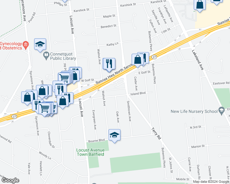 map of restaurants, bars, coffee shops, grocery stores, and more near 51 Island Boulevard in Bohemia