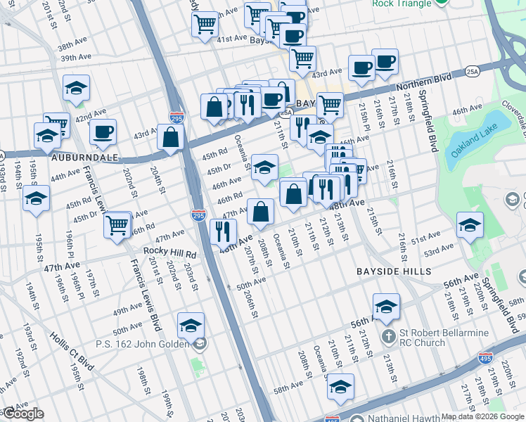 map of restaurants, bars, coffee shops, grocery stores, and more near 47-15 208th Street in Queens