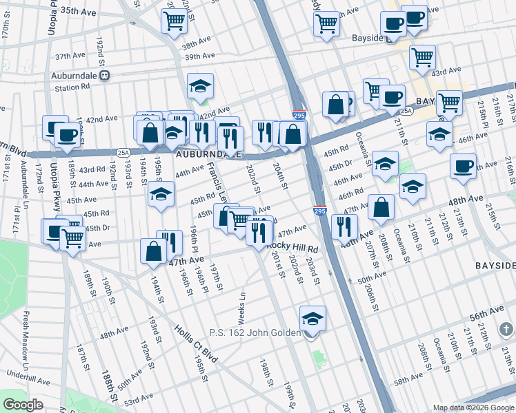 map of restaurants, bars, coffee shops, grocery stores, and more near 200-26 46th Avenue in Queens
