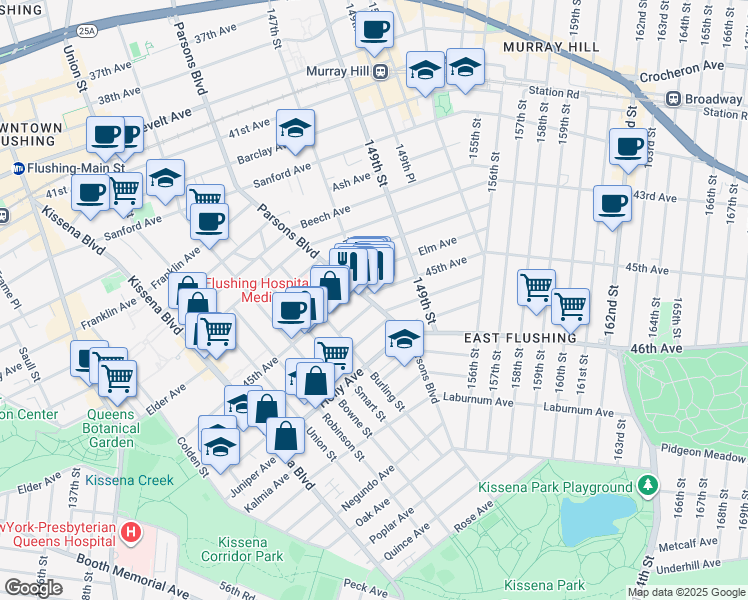 map of restaurants, bars, coffee shops, grocery stores, and more near 45-28 Parsons Boulevard in Queens