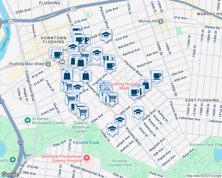 map of restaurants, bars, coffee shops, grocery stores, and more near 140-22 Beech Avenue in Queens