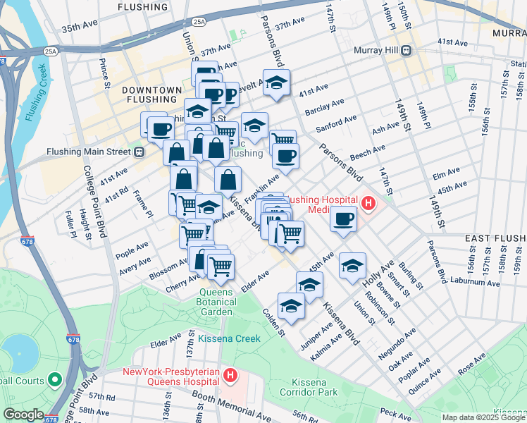 map of restaurants, bars, coffee shops, grocery stores, and more near 43-31 Kissena Boulevard in Queens
