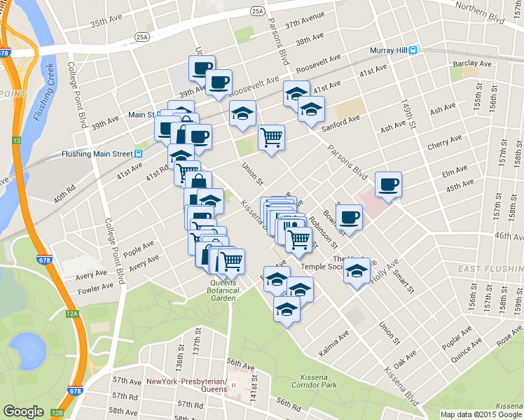 map of restaurants, bars, coffee shops, grocery stores, and more near 43-31 Kissena Boulevard in Queens