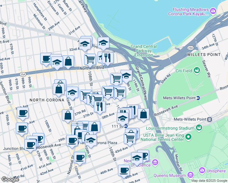 map of restaurants, bars, coffee shops, grocery stores, and more near 34-63 111th Street in Queens