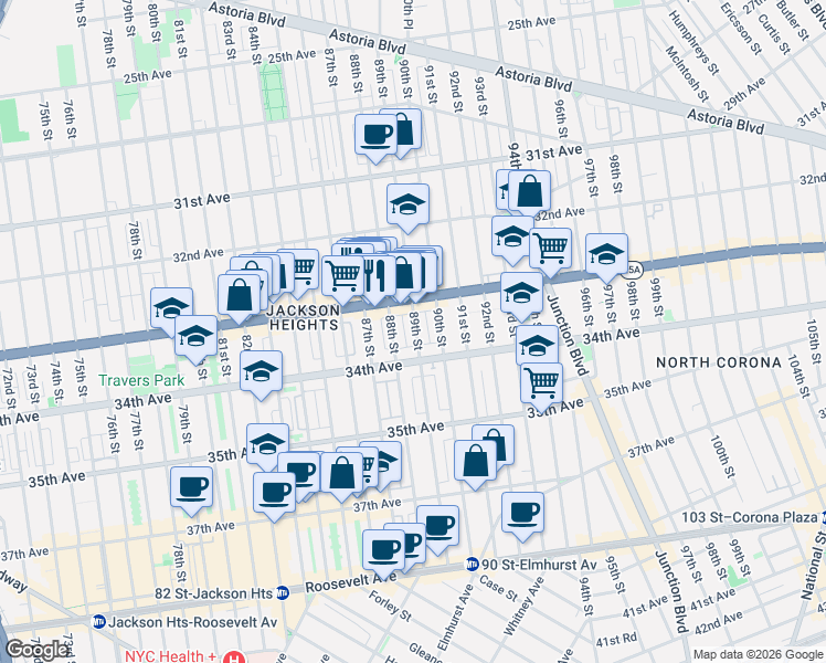map of restaurants, bars, coffee shops, grocery stores, and more near 33-41 88th Street in Queens