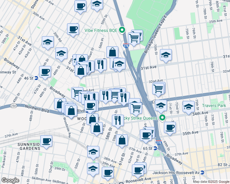 map of restaurants, bars, coffee shops, grocery stores, and more near 32-30 58th Street in Queens