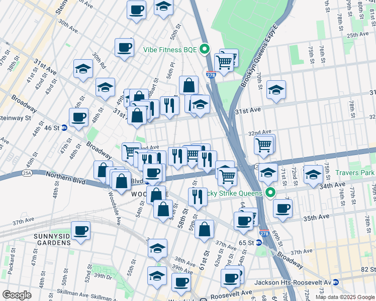 map of restaurants, bars, coffee shops, grocery stores, and more near 32-30 58th Street in Queens
